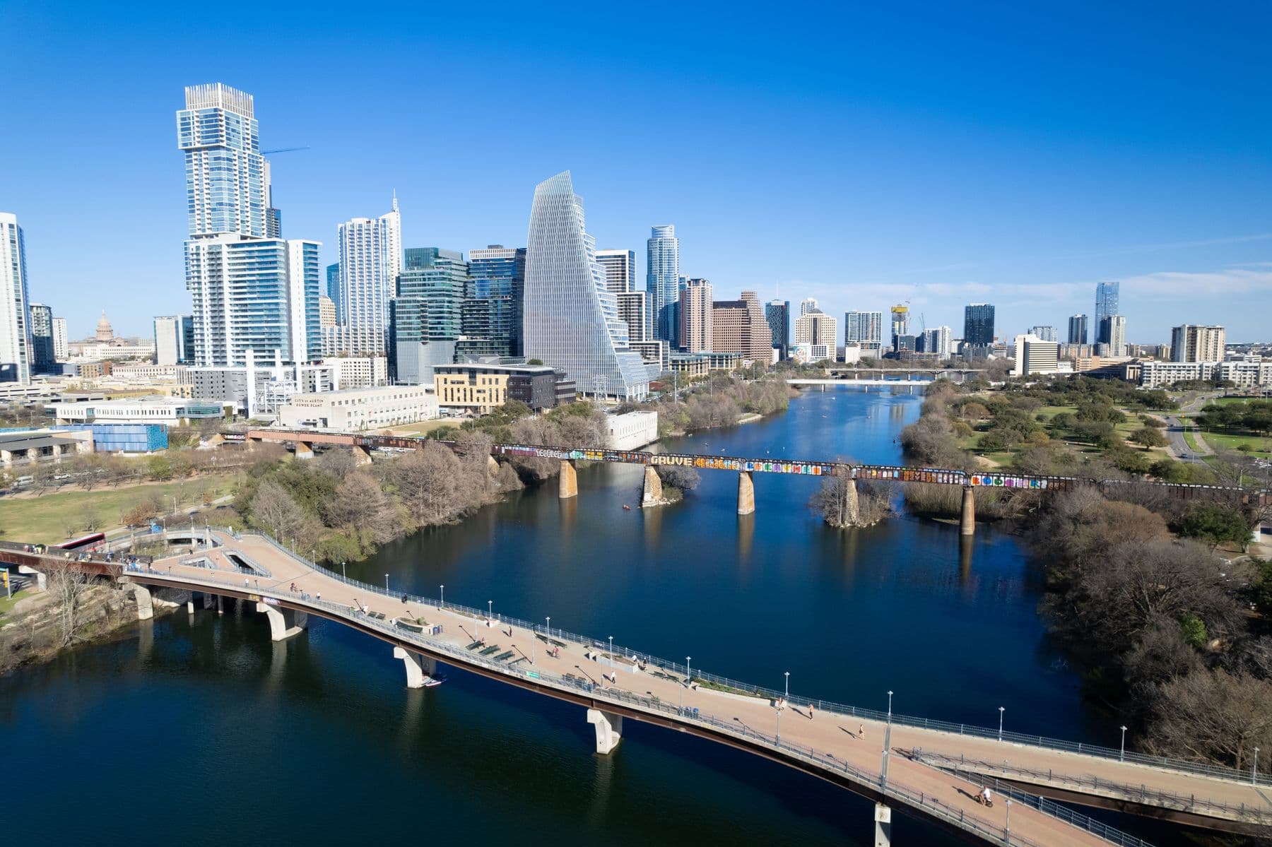 Aerial view of downtown Austin and Lady Bird Lake.
