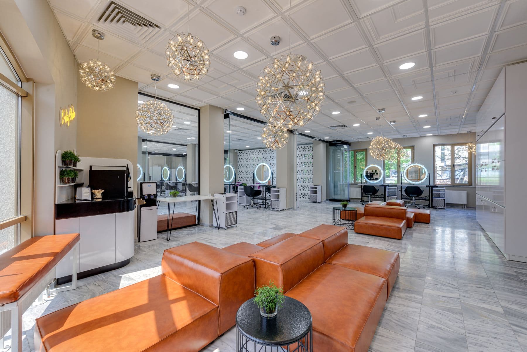 Spacious contemporary beauty salon interior.